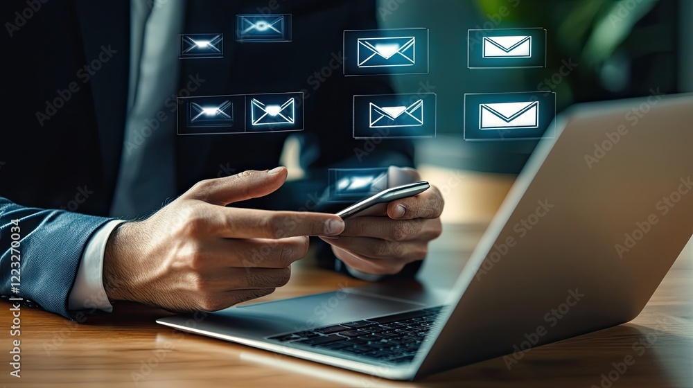 Poster hands of a businessman scrolling through a smartphone while an open laptop shows email notifications