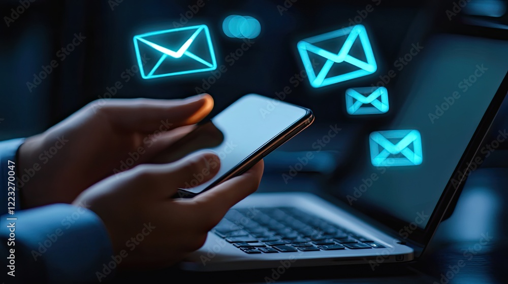 Poster hands of a businessman scrolling through a smartphone while an open laptop shows email notifications