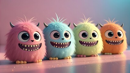 Fototapeta premium Colorful monsters 3d artwork digital illustration cute furry characters fantasy mascot design children cartoon animation friendly creatures concept art character collection studio render