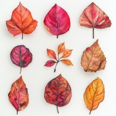 Fototapeta premium Autumn leaves arrangement, white background, fall foliage, seasonal decor