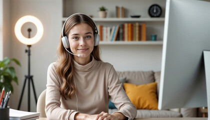 Call center agent at home office setup, remote working concept. A smiling woman with headset sits at a desk in living room with mocha mousse colored sofa and ring lamp for video calls