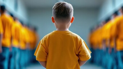 Fototapeta premium A young child stands in front of a line of people wearing yellow shirts, creating a striking contrast between innocence and conformity.