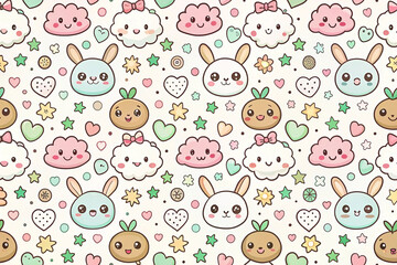 Obraz premium Cute kawaii bunny, cloud, and carrot seamless pattern.