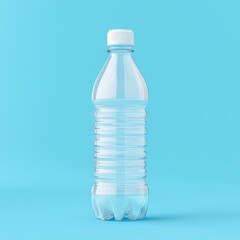 plastic soda bottle mockup concept. Clear plastic water bottle on a bright blue background, showcasing its transparent body and simple design.