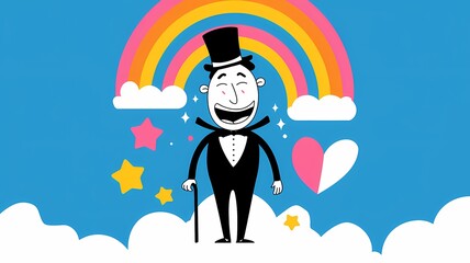 Quirky Man with Top Hat and Cane on a Cloud