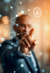 Businessman touching virtual network connection technology on blurred background. Generated AI image, craft clay, with white tones