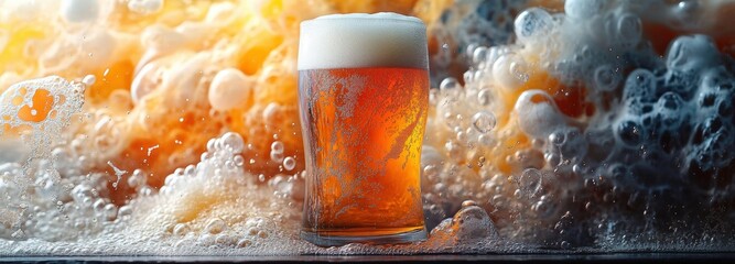 Dadaist beer glass with froth creating vibrant, abstract shapes at a lively gathering