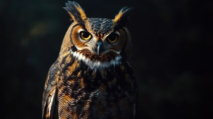 Fototapeta premium Majestic great horned owl in midnight forest with intense gaze