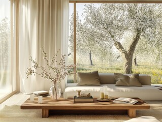 A cozy living room with a couch, coffee table, and vase filled with flowers. The vase is placed on a wooden coffee table, and the flowers are arranged in a way that they are visible from the couch