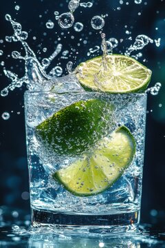 Dadaist gin and tonic with oversized lime slices creating chaotic bubbles