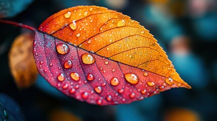 Autumn leaf, dew drops, macro, garden, bokeh