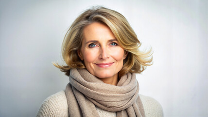Mature woman with wavy blonde hair wearing a beige scarf