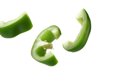Flying Slices of Green Bell Peppers Mid-Air Isolated on Transparent or blank Background, PNG