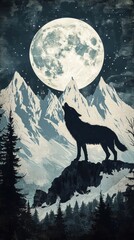 Lone Wolf Howling Beneath a Full Moon Over Snowy Mountains