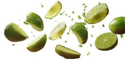 Flying Slices of Fresh Limes - High Fidelity Isolated on Transparent or blank Background, PNG