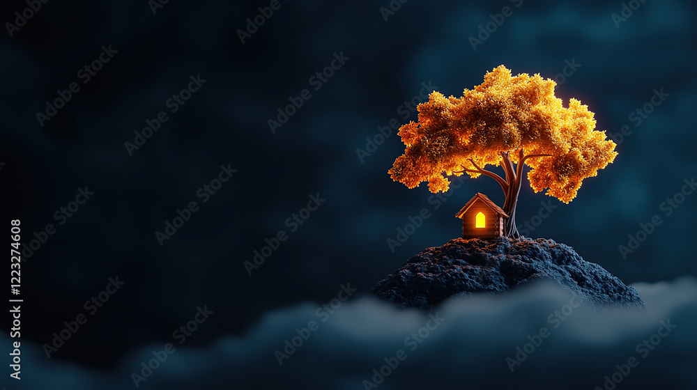 Poster glowing treehouse built atop radiant branches of luminous tree, surrounded by mystical cloudscape un