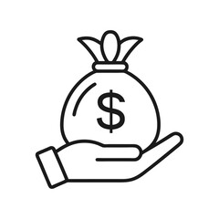 Hand Holding a Bag of Money Line Art Icon – Savings and Wealth Illustration