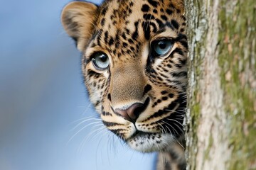 Obraz premium Leopard Ascending Tree, a striking depiction of a leopard skillfully navigating branches, showcasing its grace and strength in a vibrant natural setting.