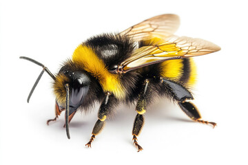 Close-up of a bumblebee showcasing detailed yellow and black fur in a natural setting during daylight