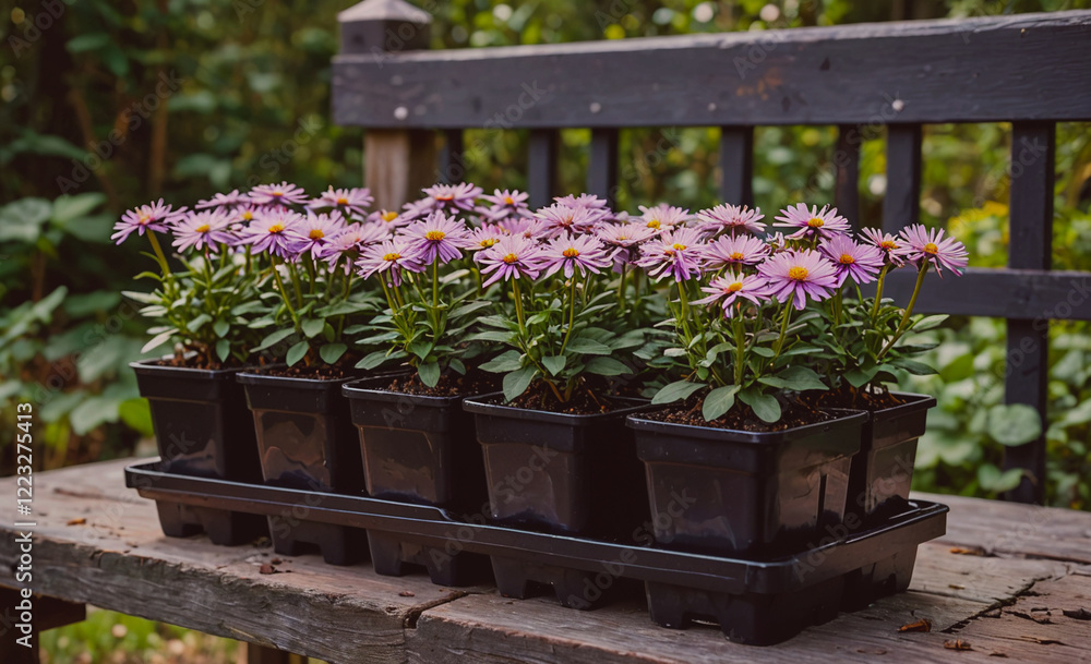 Poster a row of purple flowers are in black pots on a wooden bench. the bench is surrounded by trees and bu