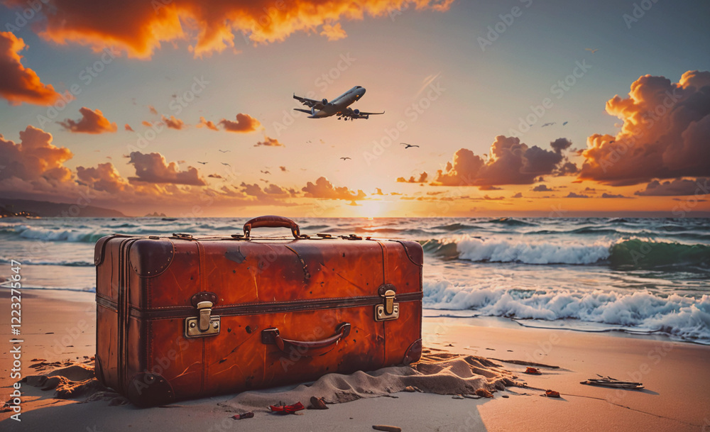 Aufkleber A suitcase is on the beach with the sun setting in the background. The scene is serene and peaceful, with the waves crashing in the background