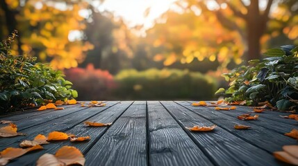 Autumn leaves on wooden deck, park background
