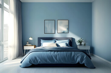 Pastel blue bedroom with navy bed. Empty wall for art display. Mockup interior design, showing modern style. Empty space for painting decoration. Luxurious, trendy hotel home room. Light blue, soft