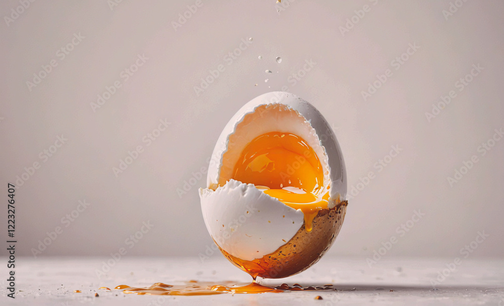 Poster a cracked egg with a yellow yolk and a white egg white. the egg is sitting on a table with a drop of
