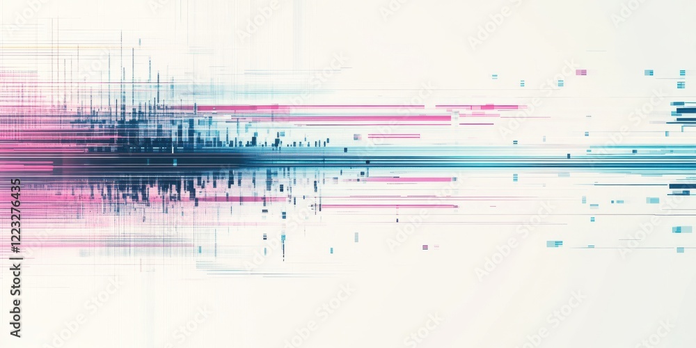 Fototapete minimalistic design with colorful glitch effects, including pink and blue lines on a white backgroun