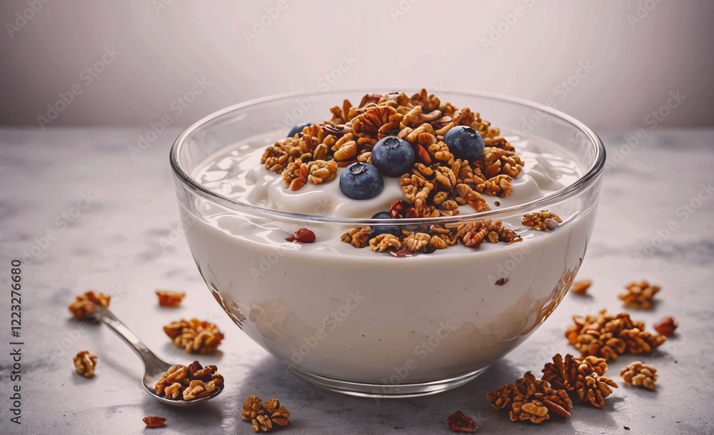 Poster a bowl of cereal with blueberries and walnuts. the bowl is half full and the cereal is scattered on 