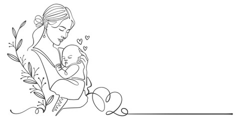 Mother and baby line art style vector illustration