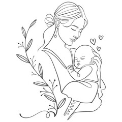 Mother and baby line art style vector illustration