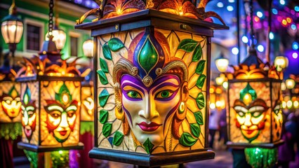 Obraz premium A glowing Mardi Gras lantern with intricate carvings of masks