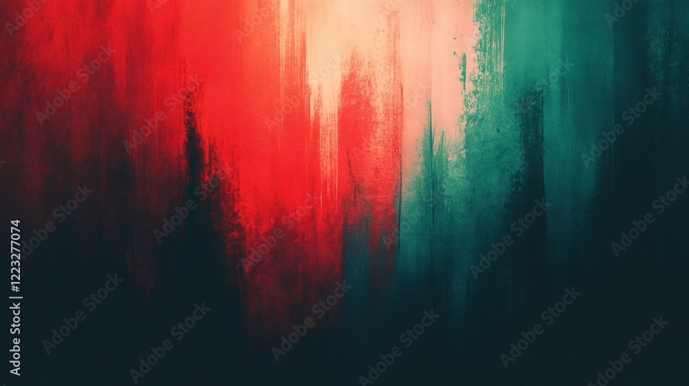 Poster color palette merging red and turquoise across textured surface, generating dynamic abstract composi