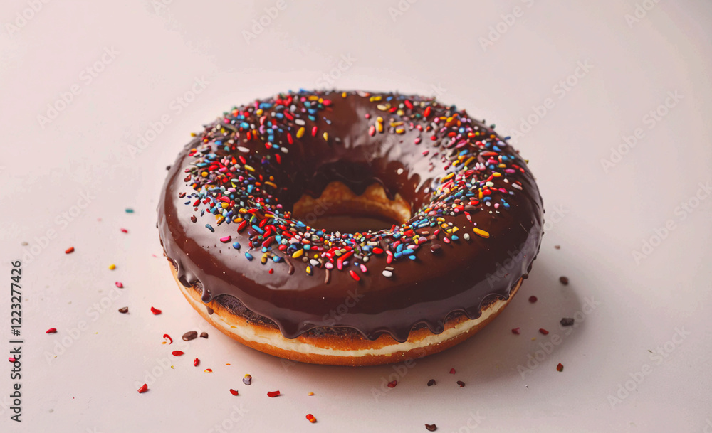 Poster a chocolate donut with sprinkles on top. the sprinkles are in various colors and are scattered aroun