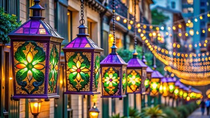 Obraz premium A row of lighted lanterns with Mardi Gras patterns hanging across a street