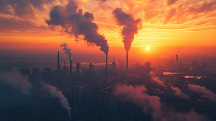 Fototapeta premium Emissions and Global Warming - A panoramic image of a coal-fired power plant