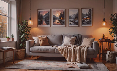 A living room with a couch, a potted plant, and a few pictures on the wall. The couch is covered with a blanket and there are several pillows on it. The room has a cozy and comfortable atmosphere