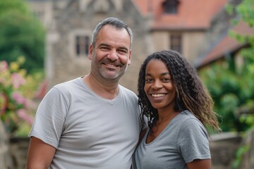 Obraz premium Portrait of a content multicultural couple in their 40s dressed in a casual t-shirt while standing against historic castle backdrop