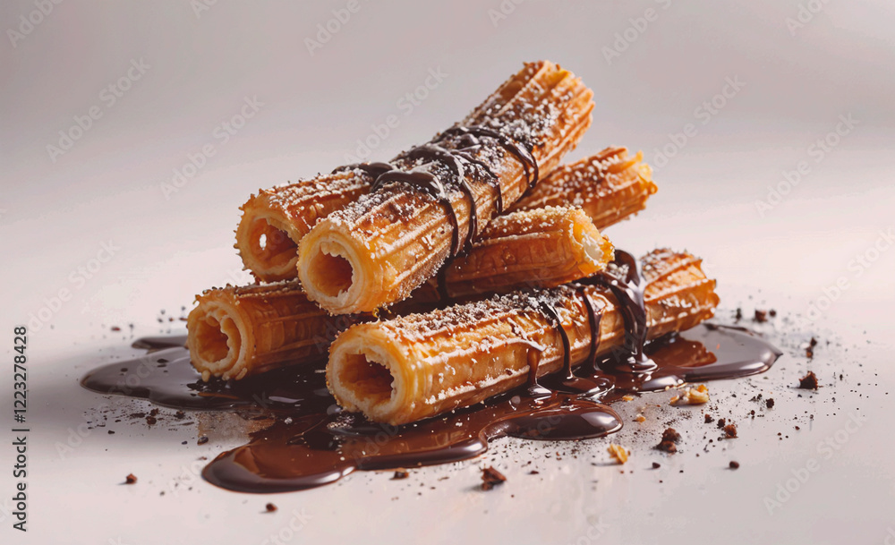 Poster a stack of churros with chocolate sauce on top. the churros are covered in chocolate and have a whit