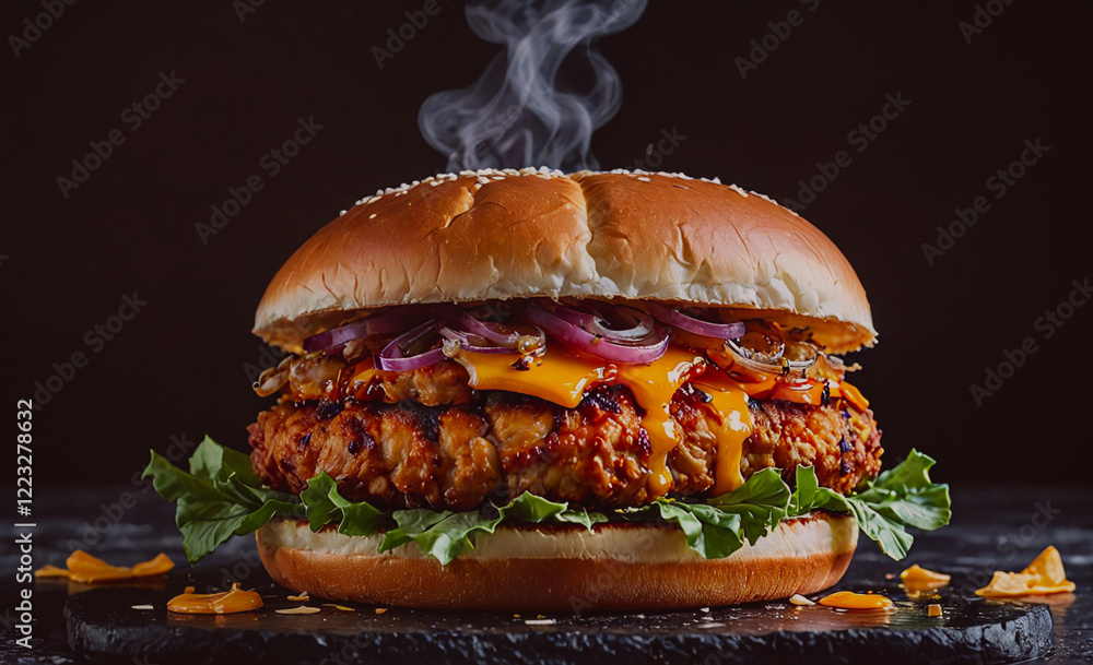 Poster A large burger with onions and cheese on it. The burger is sitting on a table with a black background