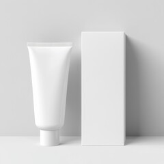 toothpaste mockup concept. Minimalist white cosmetic tube and box on a clean surface, ideal for skincare or beauty product branding.