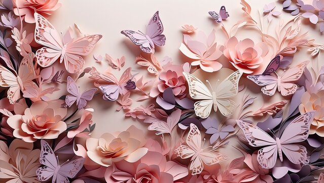 A collection of delicate paper butterflies in various shades of pink and lavender,