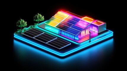 A glowing digital greenhouse showcases advanced solar technology promoting sustainability and eco-friendly practices.