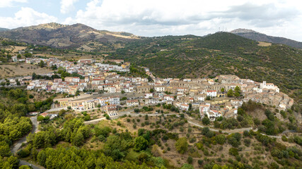 Aerial view of the town of Nova Siri located on a hill in Basilicata, Italy. 