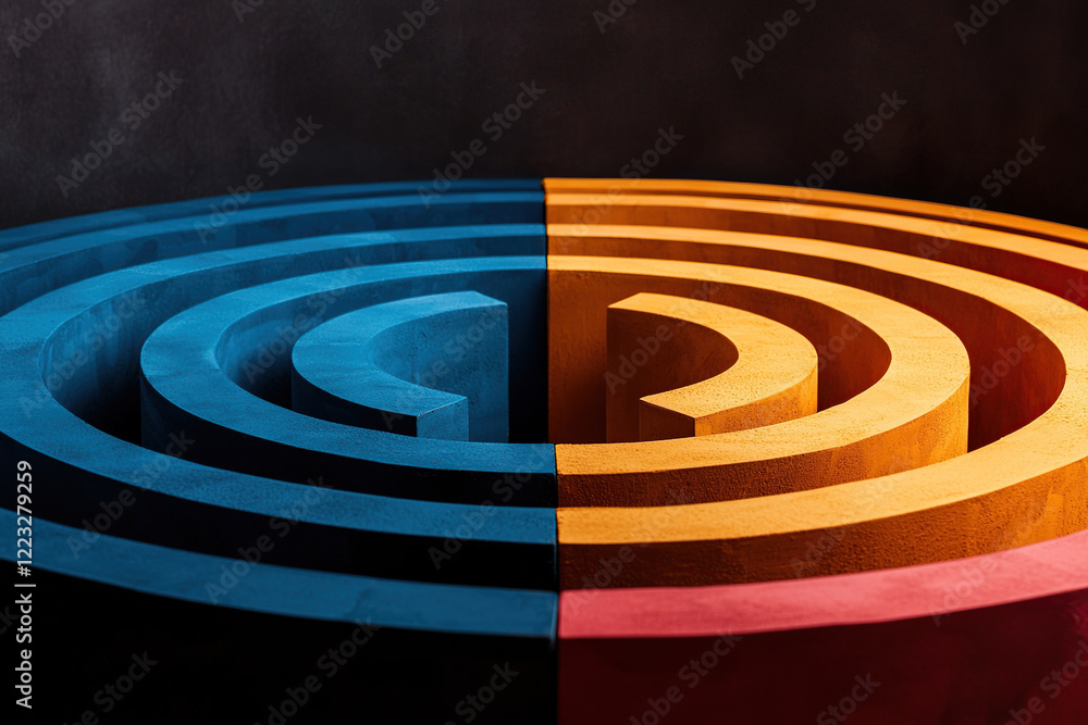 Poster vibrant maze with glowing blue and orange paths creates striking visual contrast. circular design is