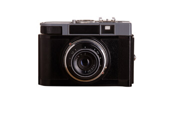 Old fashioned camera of  last century made of plastic and metal isolated on white background