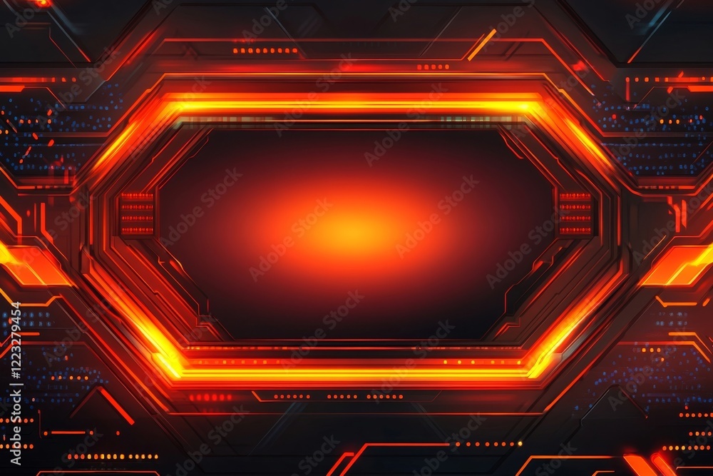 Poster abstract futuristic technology background with glowing orange lines and hexagonal frame