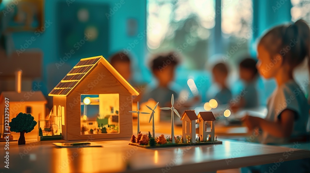 Poster a dynamic classroom where students explore sustainability through interactive models and projects.