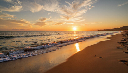 Obraz premium Golden sunset over tranquil beach, serene evening atmosphere